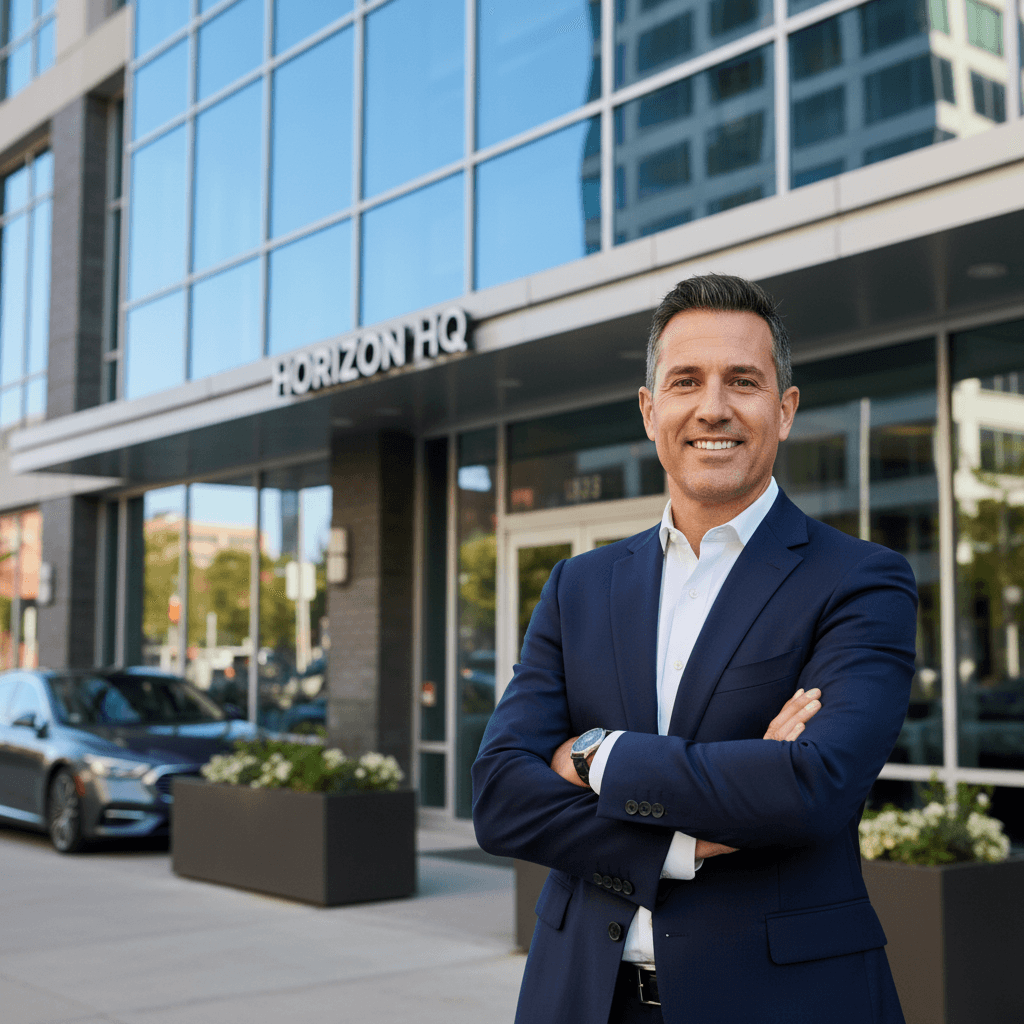Business owner standing confidently outside their commercial premises — conveying business confidence and successful property ownership