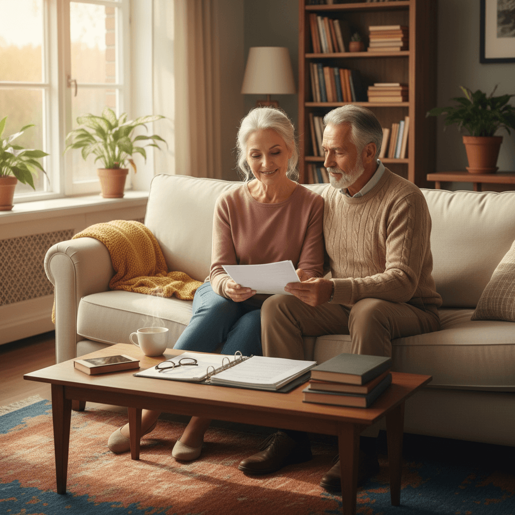 Relaxed older couple at home — conveying peace of mind and security after putting estate plans in place